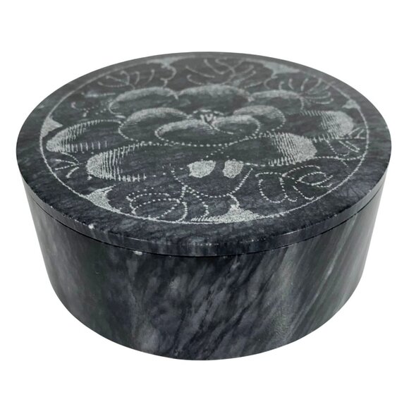 Decorative Black Granite Marble Round Jewelry Box With Floral Carved Lid 4x1.5" - Picture 2 of 9